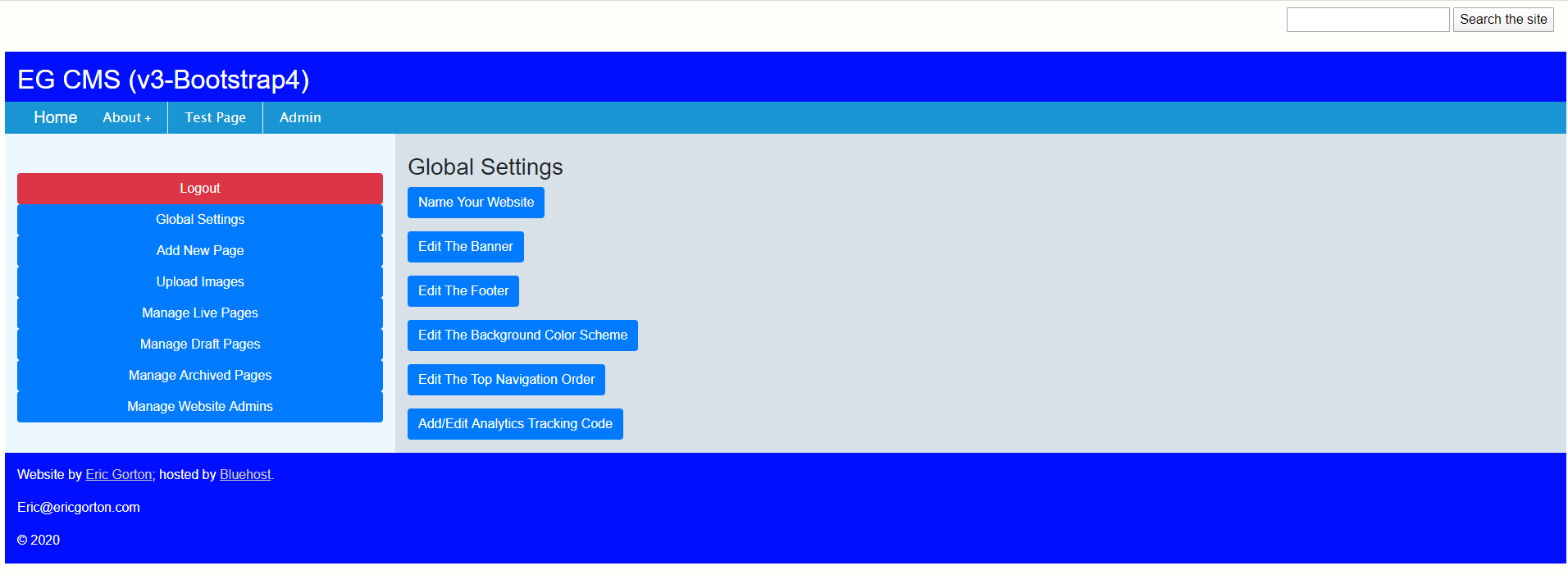 screen shot of EGCMS 3 administration page
